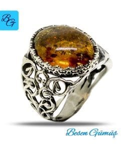 Oval Kehribar Taşlı Erkek Gümüş Yüzük