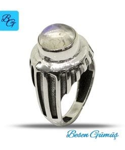 Yuvarlak Ay Taşı Gümüş Erkek Yüzük