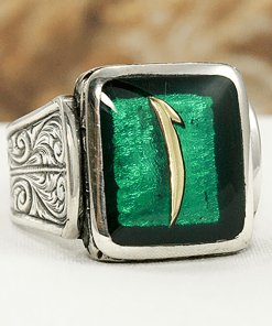 925 Ayar Gümüş Yeşil Mineli Kare Elif Model Özel Tasarım Yüzük