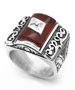 Sıkma Kehribar Taşlı El Kalem İşi Gümüş Erkek Yüzüğü