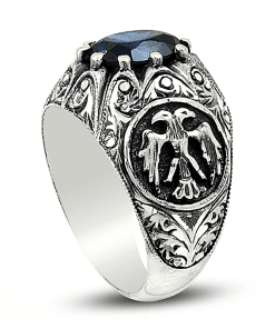 Çift Başlı Kartal Desenli Erzurum El Kalem İşi Gümüş Erkek Yüzüğü