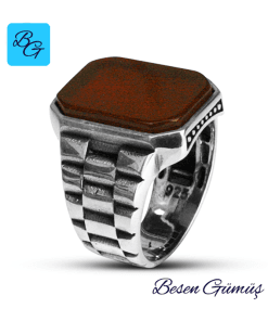 Dikdörtgen Akik Taşlı Gümüş Erkek Yüzük