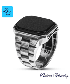 Dikdörtgen Siyah Taşlı Gümüş Erkek Yüzük