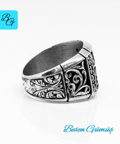 Erzurum Kalem İşi Zirkon Taşlı Gümüş Erkek Yüzük