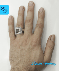 Kare Oniks Taşlı Erzurum Kalem İşi Gümüş Erkek Yüzük