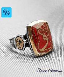 Kırmızı Mineli Vav Özel Tasarım Gümüş Erkek Yüzük