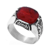 Kırmızı Taşlı Elde Kalem İşlemeli Erkek Yüzük