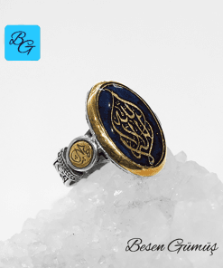 Lacivert Mineli Kelime-I Tevhid Yazılı Özel Tasarım Gümüş Erkek Yüzük