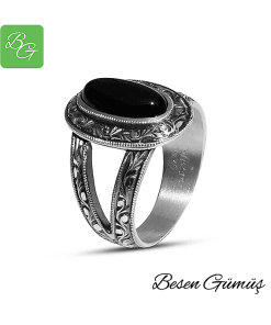 Oltu Taşı Oval Erzurum El Kalem İşi Erkek Yüzük