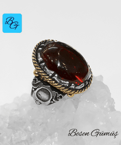 Oval Büyük Kırmızı Kehribar Taşlı Özel Tasarım Gümüş Erkek Yüzük