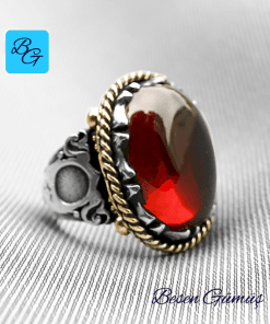 Oval Büyük Kırmızı Kehribar Taşlı Özel Tasarım Gümüş Erkek Yüzük