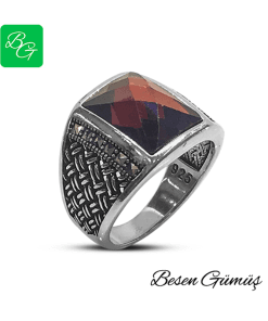 Ruby Taşlı Kenarları Markazit Taş İşli Erkek Gümüş Yüzük