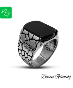 Siyah Taşlı Dikdörtgen Erkek Gümüş Yüzük