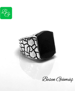 Siyah Taşlı Dikdörtgen Erkek Gümüş Yüzük