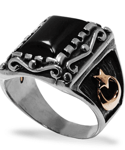 Siyah Taşlı Kenarları Ay Yıldız Motifli Gümüş Erkek Yüzük