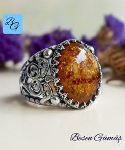 Oval Kehribar Taşlı Gümüş Erkek Yüzük