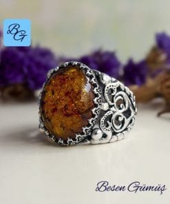 Oval Kehribar Taşlı Gümüş Erkek Yüzük