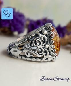 Oval Kehribar Taşlı Gümüş Erkek Yüzük