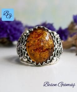 Oval Kehribar Taşlı Gümüş Erkek Yüzük