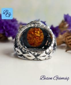 Oval Kehribar Taşlı Gümüş Erkek Yüzük