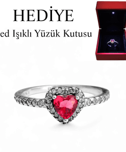 925 Ayar Gümüş Işıltılı Kırmızı Yüksek Taşlı Kalp Yüzük Işıklı Kutuda