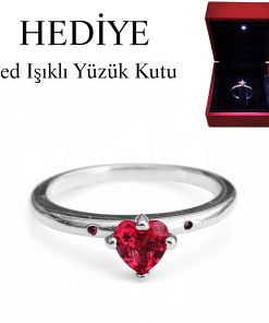 925 Ayar Gümüş Kırmızı Taşlı Kalp Sen ve Ben Yüzük Işıklı Kutuda