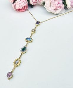 925 Ayar Gümüş Altın Kaplama Renkli Zirkon Taşlı Zarif Kadın Kolye