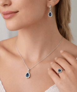 Safir Görünümlü Mavi Taşlı Zirkon Detaylı 925 Ayar Gümüş Takı Seti