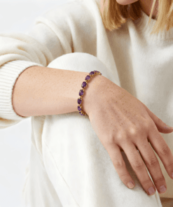 Doğal Ametist Taşlı Rose Kaplamalı 925 Ayar Gümüş Bileklik