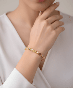 Doğal Turmalin Taşlı Sarı Altın Kaplamalı 925 Ayar Gümüş Bileklik