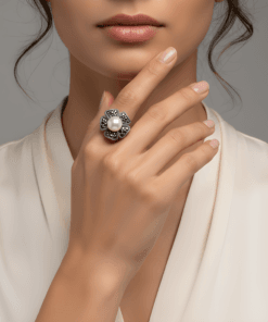 Vintage Markazit Detaylı İnci Taşlı 925 Ayar Gümüş Yüzük