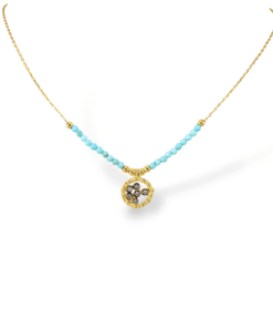 Firuze Taşlı Gökyüzü Mandalası Kolye – Altın Kaplama Spiritüel Tasarım