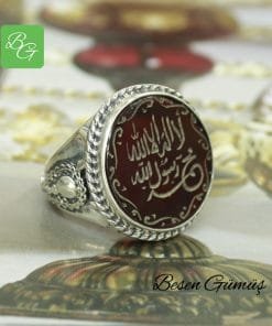 Akik Taşlı La İlahe İllallah Muhammeden Resulullah Yazılı El Yapımı Gümüş Erkek Yüzük