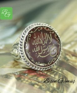 Akik Taşlı La İlahe İllallah Muhammeden Resulullah Yazılı El Yapımı Gümüş Erkek Yüzük