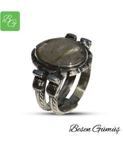 Altın Rutil Kuvars Taşlı Gümüş Erkek Yüzük