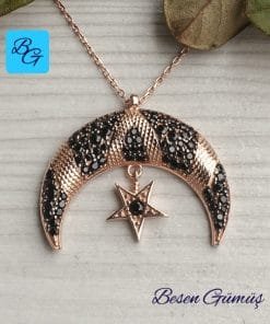 Oniks Taşlı Ay Yıldız Gümüş Kolye