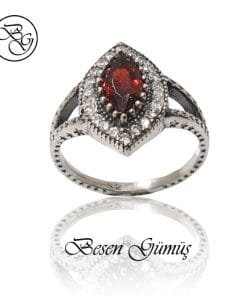 Oval Kırmızı Taşlı Otantik Gümüş Set