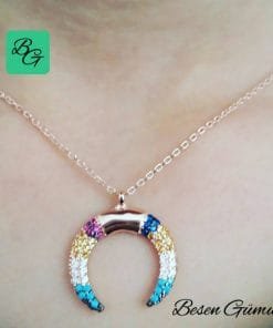 Renkli Zirkon Firuze Taşlı Hilal Kolye