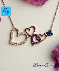 Renkli Zirkon Taşlı Rose Kalpler Kolye