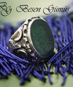 Yeşil Akik Taşlı Hasbinallah Ve Nimel Vekil Yazılı El Yapımı Gümüş Erkek Yüzük